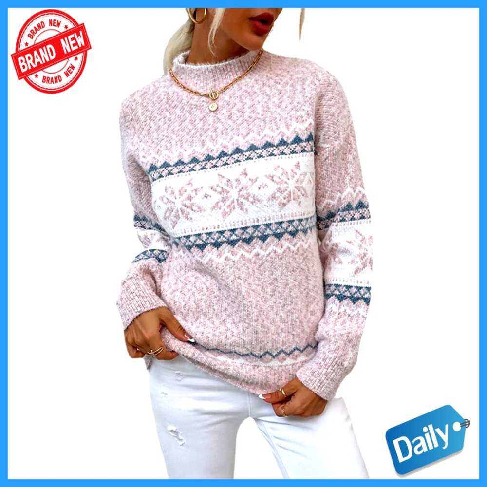 Winter Pullover Sweater Half Turtleneck Knitted Holiday Snowflake Pattern